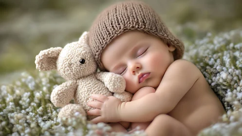 Infant sleeping with plush toy on soft textured surface.