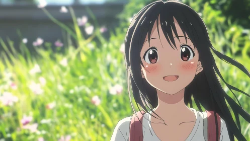 Smiling anime schoolgirl outdoors with soft green background.