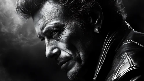 Moody black and white portrait of stern man in leather jacket.
