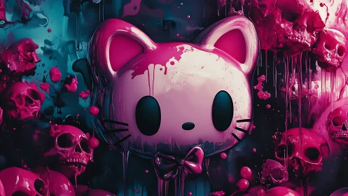 Pink cartoon cat mask amid melting skulls in neon setting.