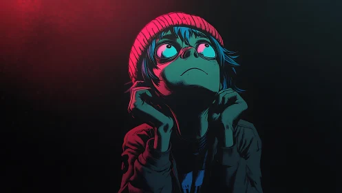 Stylized character in red beanie under contrasting neon light.