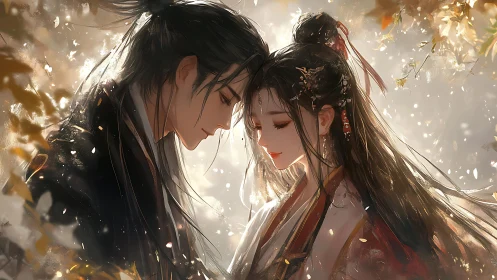 Ancient Romance Between Two Characters in Traditional Attire.