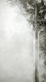 Ornate fantasy sword rises from swirling monochrome mist