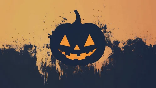 Grinning jack-o’-lantern silhouette over splattered dusk sky.