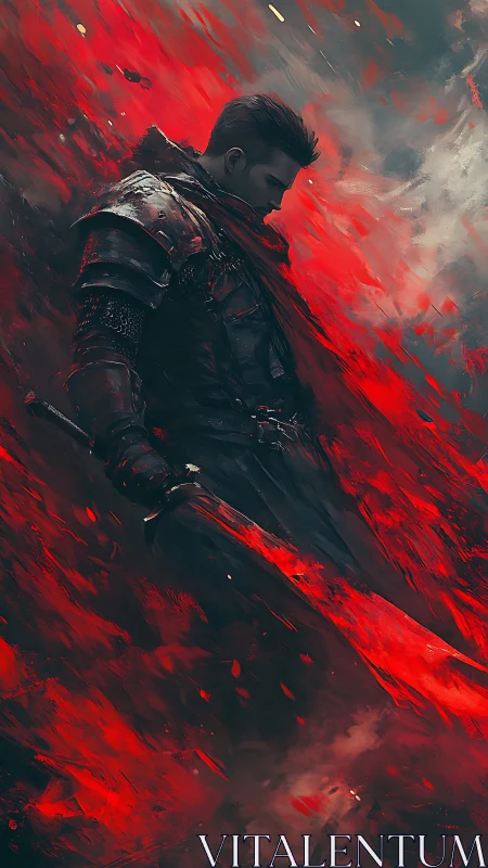Digital painting of solitary dark knight in red kinetic storm.