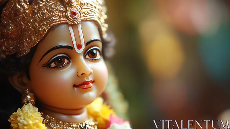 Ornate child deity statue portrait with shallow depth of field