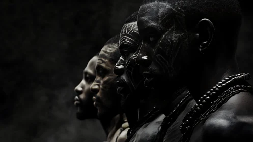 Four painted profiles drift forward through sculpted shadow