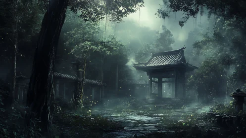 Misty Asian Pavilion. Ethereal forest sanctuary shrouded mist.