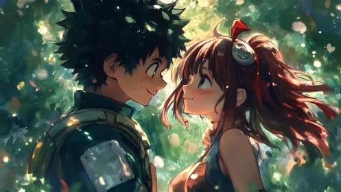 Anime couple portrait in luminous bokeh forest setting.