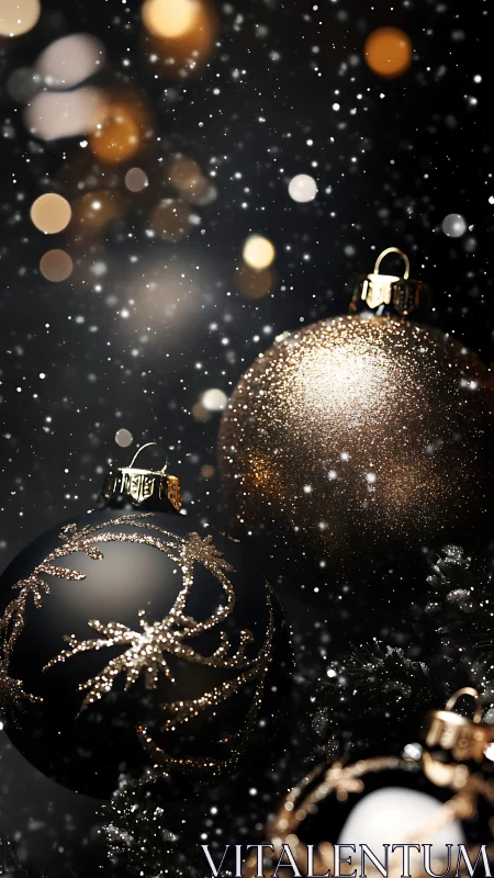 Midnight baubles glitter under snowfall and champagne lights.