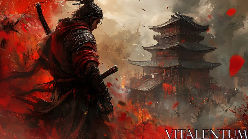 Lone samurai confronts a burning pagoda amid crimson chaos