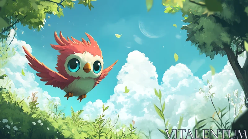 Cute Cartoon Bird Soaring Over Lush Meadow in Whimsical Style.