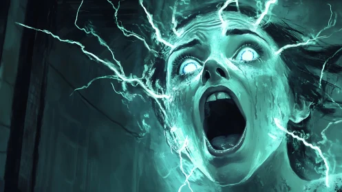 Human face with glowing eyes amid branching electric discharges