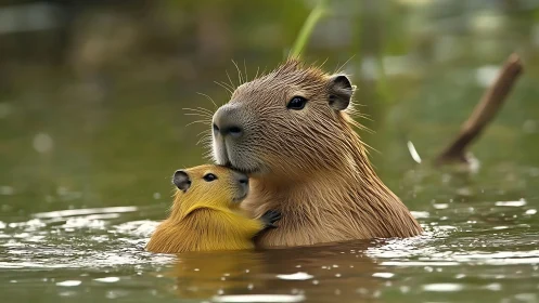 Gentle capybara parent cuddling baby in calm green water.