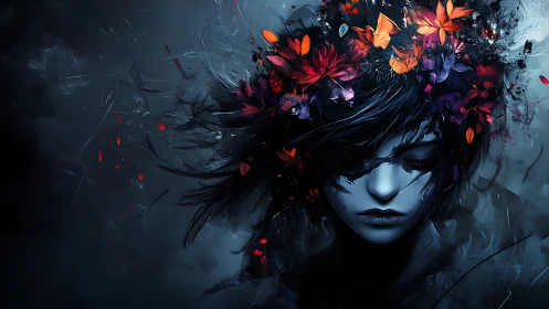 Silent cyan portrait crowned with explosive floral chaos.