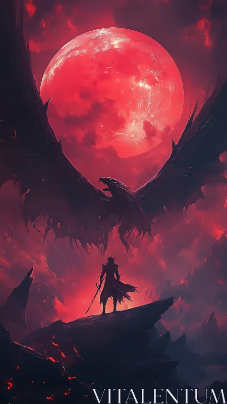 Crimson moon crowns a lone hero facing a shadow dragon
