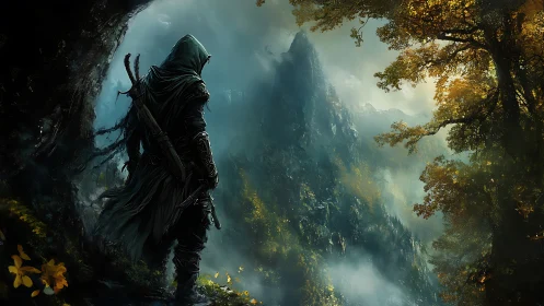 Hooded ranger surveys misty mountain pass at dawn.