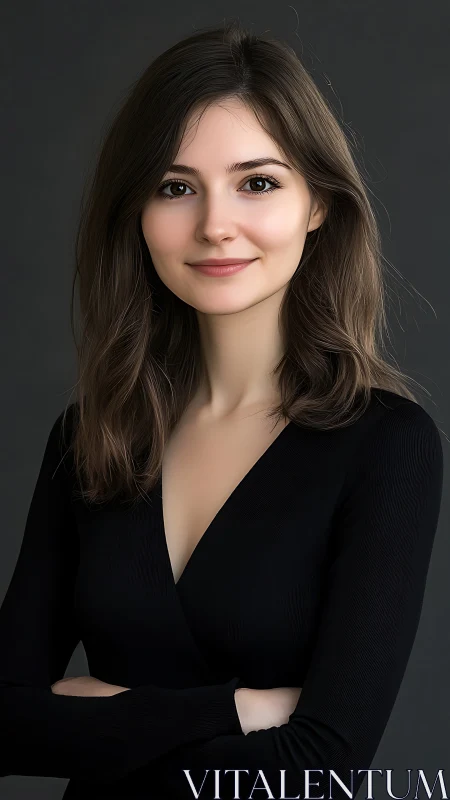 Softly confident woman in black against quiet charcoal hush.