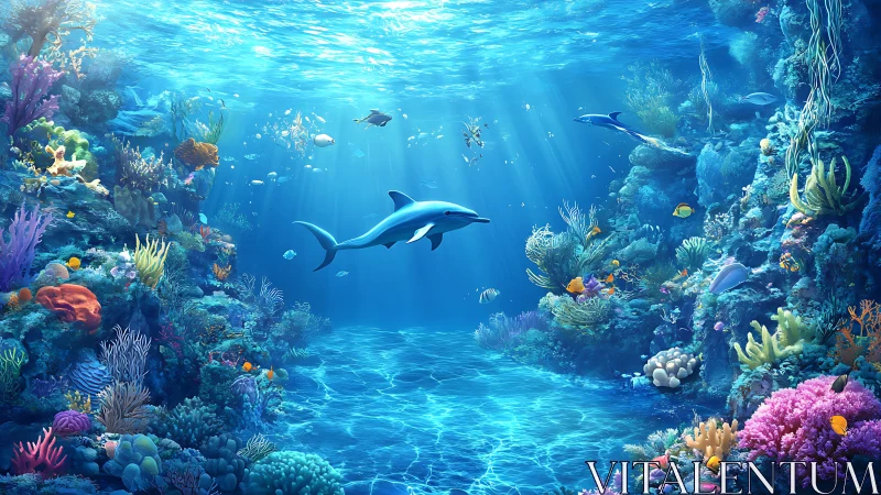 Shark swims through luminous coral reef under clear surface