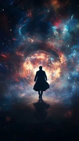 Silhouetted traveler steps toward radiant cosmic portal