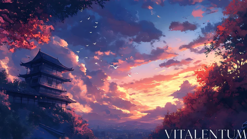 Twilight pagoda dreaming above a city of quiet lanterns.