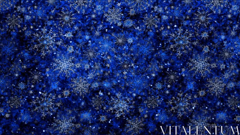 Glistening silver snowflakes twinkling on a deep blue night.