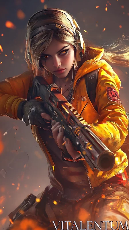 Dynamic female marksman aims shotgun amid fiery particle field