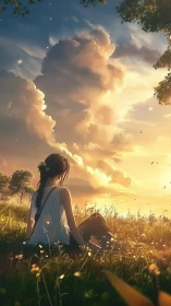 Sunlit meadow daydream with quiet skywatching girl.