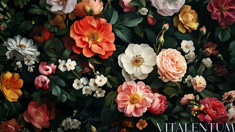 Botanical Abundance: Vintage Garden Flourish Against Darkness.