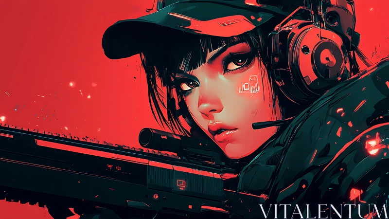 Cybernetic sniper portrait isolates subject in neon red