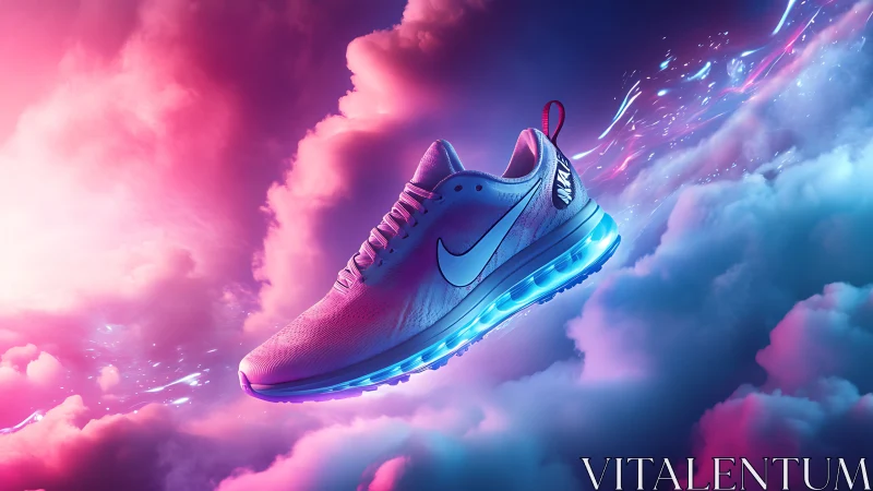 Neon skyrunner sneaker drifting through glowing dream clouds.