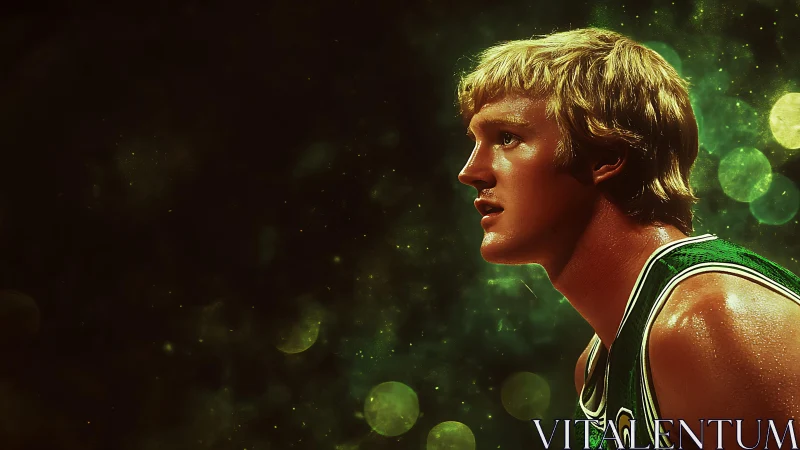 Digital portrait of focused basketball player in green jersey.