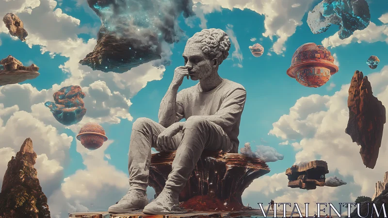 Stone figure contemplates amid floating islands and planets