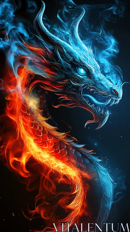Fire and frost dragon entwined in luminous energy coils.