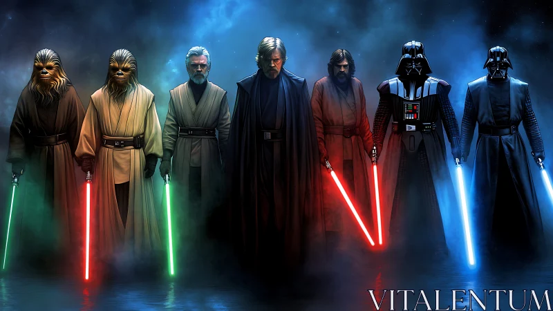 Legendary space warriors united in a glowing standoff.