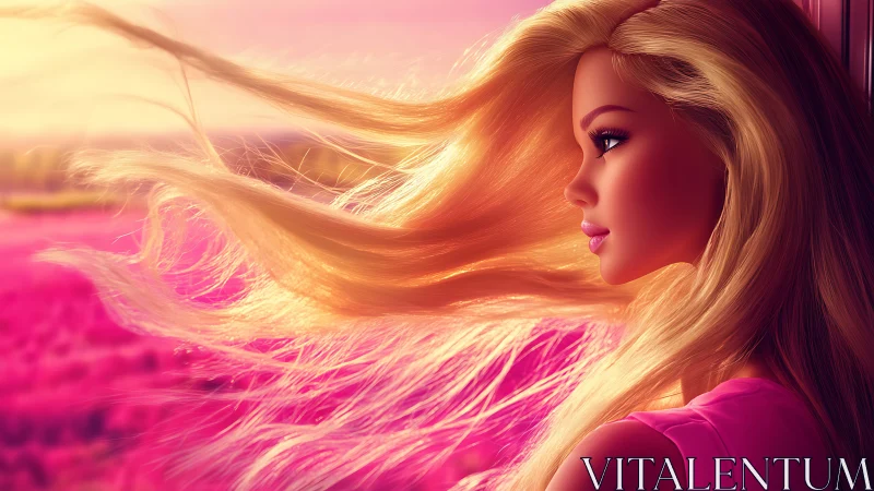 Windblown blonde portrait in saturated pink cinematic lighting