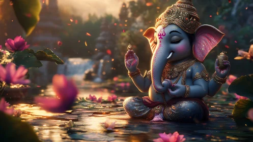 Lotus-lit Ganesha dreaming in a soft sunrise riverland.