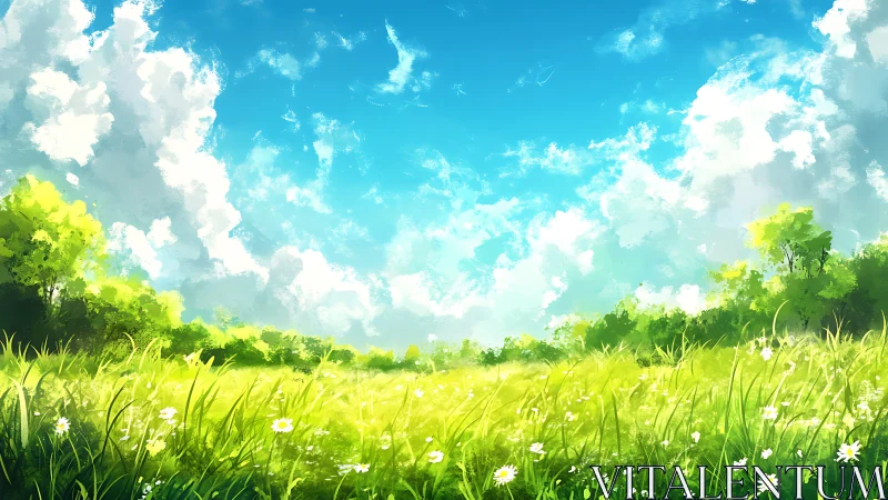 Sunlit wildflower meadow under expansive summer sky.