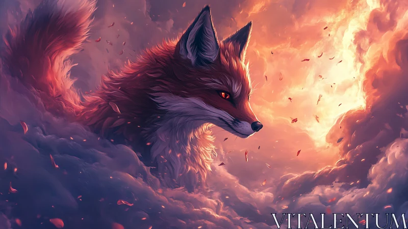 Fiery red fox emerging through glowing storm clouds.