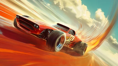 Red stylized race car on dynamic orange track in motion.