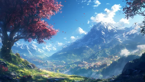 Snow capped mountain above valley town under cherry tree