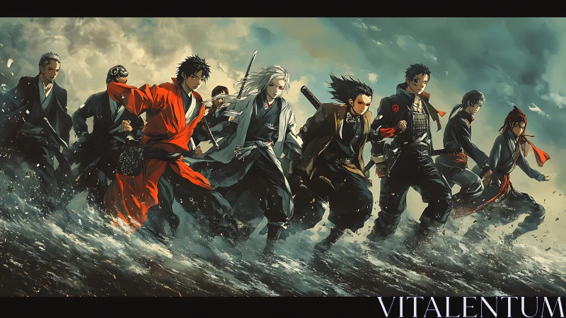 Samurai team charging across stormy surf in formation.