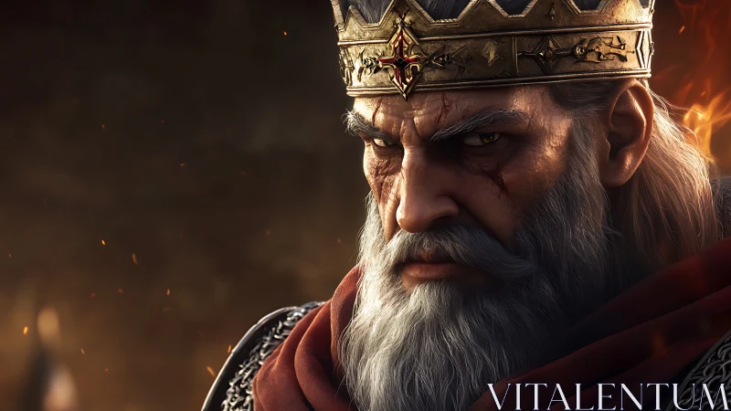 Battle-scarred king portrait under burning light.