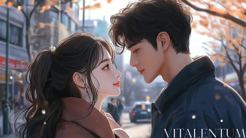 Two figures positioned at close proximity on urban street setting