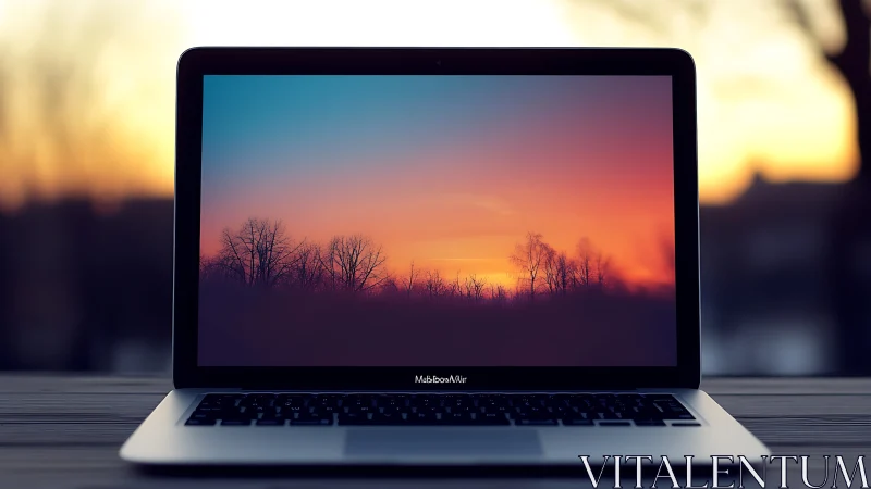 Laptop window catching a quiet sunset beyond the screen.