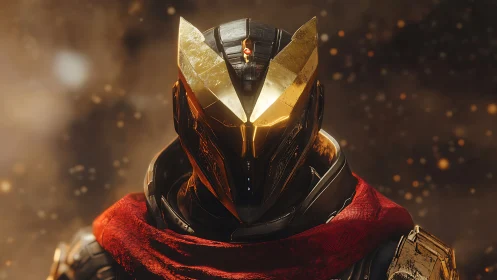 Armored humanoid figure with reflective helmet and red scarf