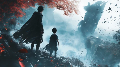 Storm of Ravens and Two Cloaked Wanderers at the Rift.