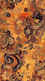 Ornate swirling florals flow across textured amber field
