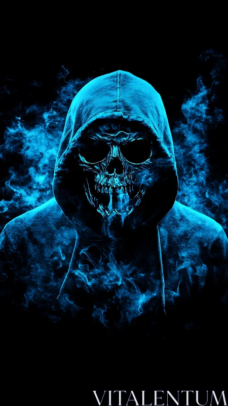 Hooded skull figure in blue smoke on black background.