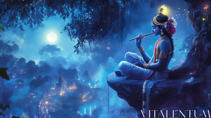 Moonlit flute dreamer above a jeweled misty riverscape.